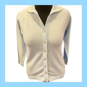 VINTAGE USA 🇺🇸 ILGWU Union Talbott Dacron Blue Cardigan Flower Trim 60s Sz 36